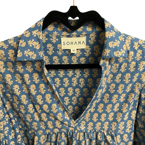 Sohana Collar Top Blue Tan Print Puff Sleeves Womens Size Medium - Picture 4 of 7